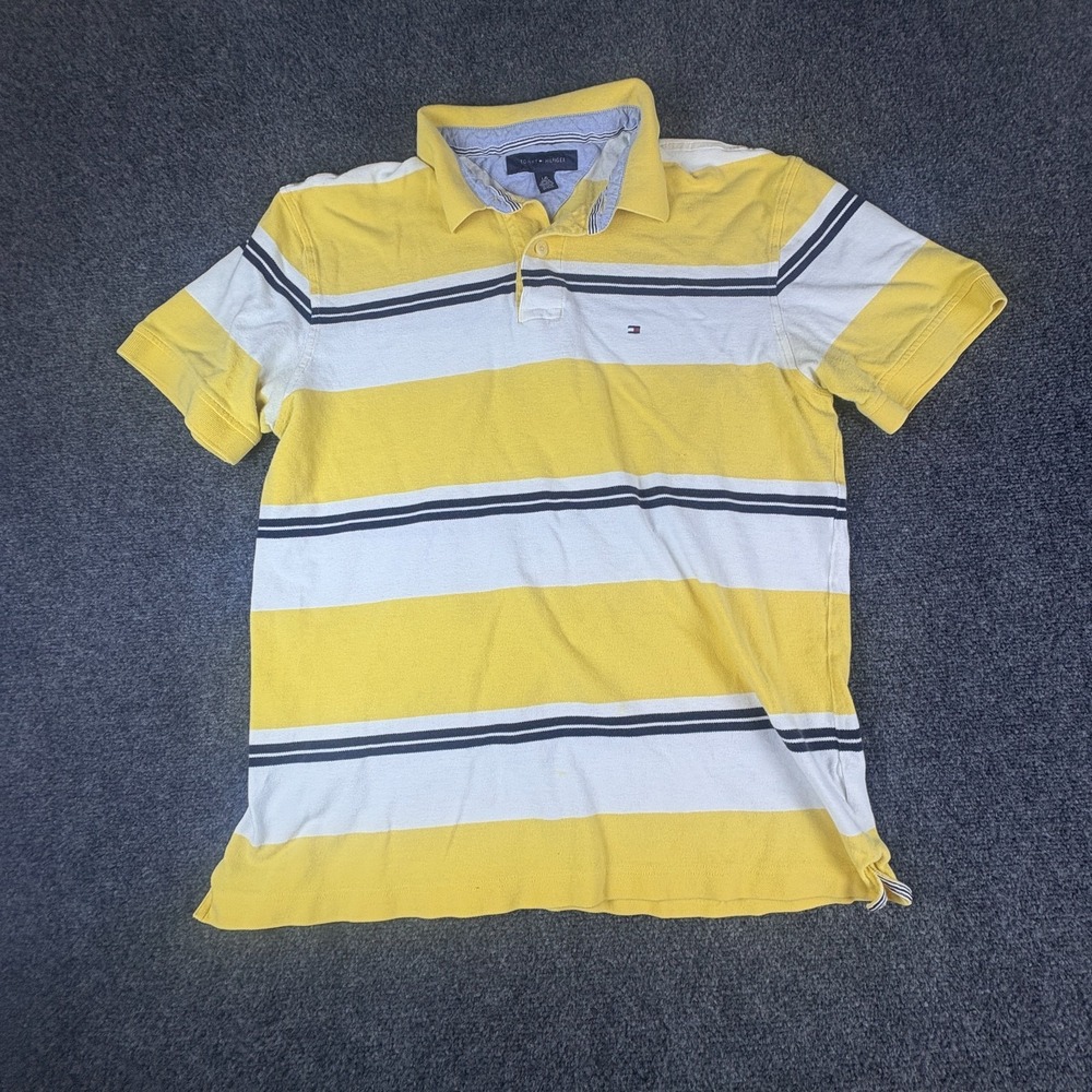 Tommy Hilfiger Polo Shirt Mens Large Yellow White Striped Side Slit Performance‎